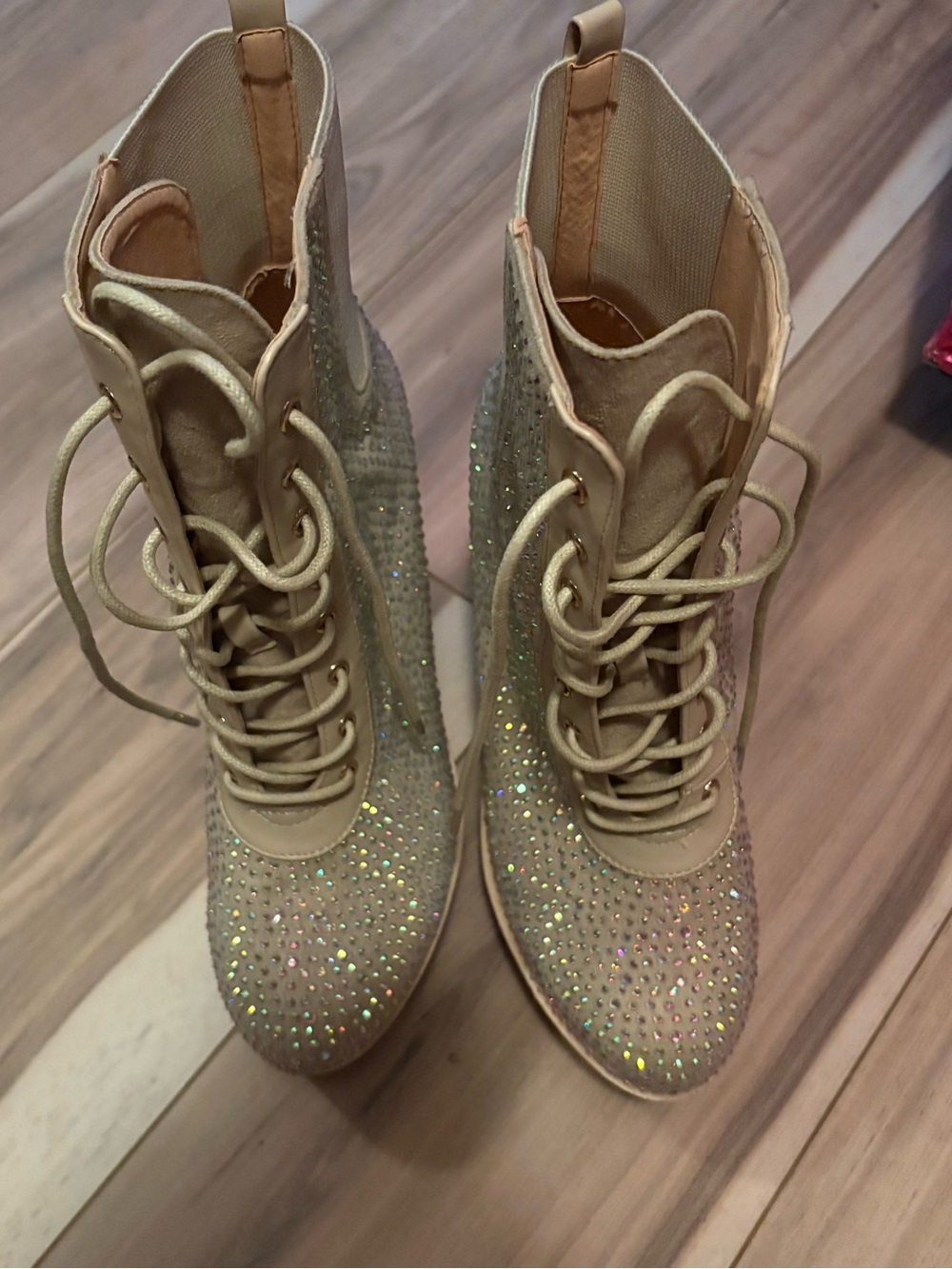 Women's Crystal-Embellished Lace-Up Ankle Boots - Beige